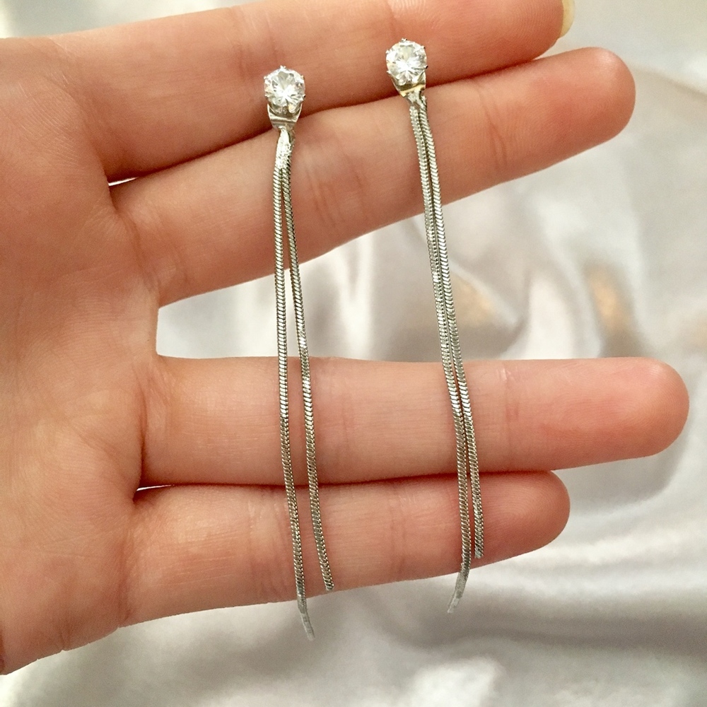 'Elise' Drop Silver Crystal Snake Chain Earrings - Picture 3 of 10